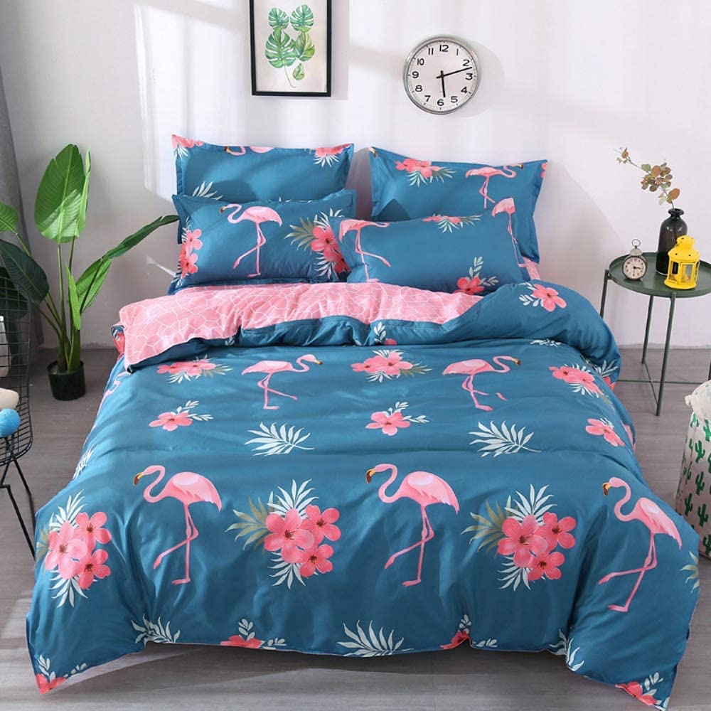 Loussiesd Flamingo Duvet Cover Tropical Animal Bedding Set Blue Pink Floral Comforter Cover for Girls Children Women Bedroom Decor Girly Flowers Bedspread Cover King Size with 2 Pillow Case — image 1