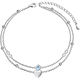 Flyow Anklet for Women S925 Sterling Silver Adjustable Foot Beaded Heart Charm Ankle Bracelet Anklets Jewelry