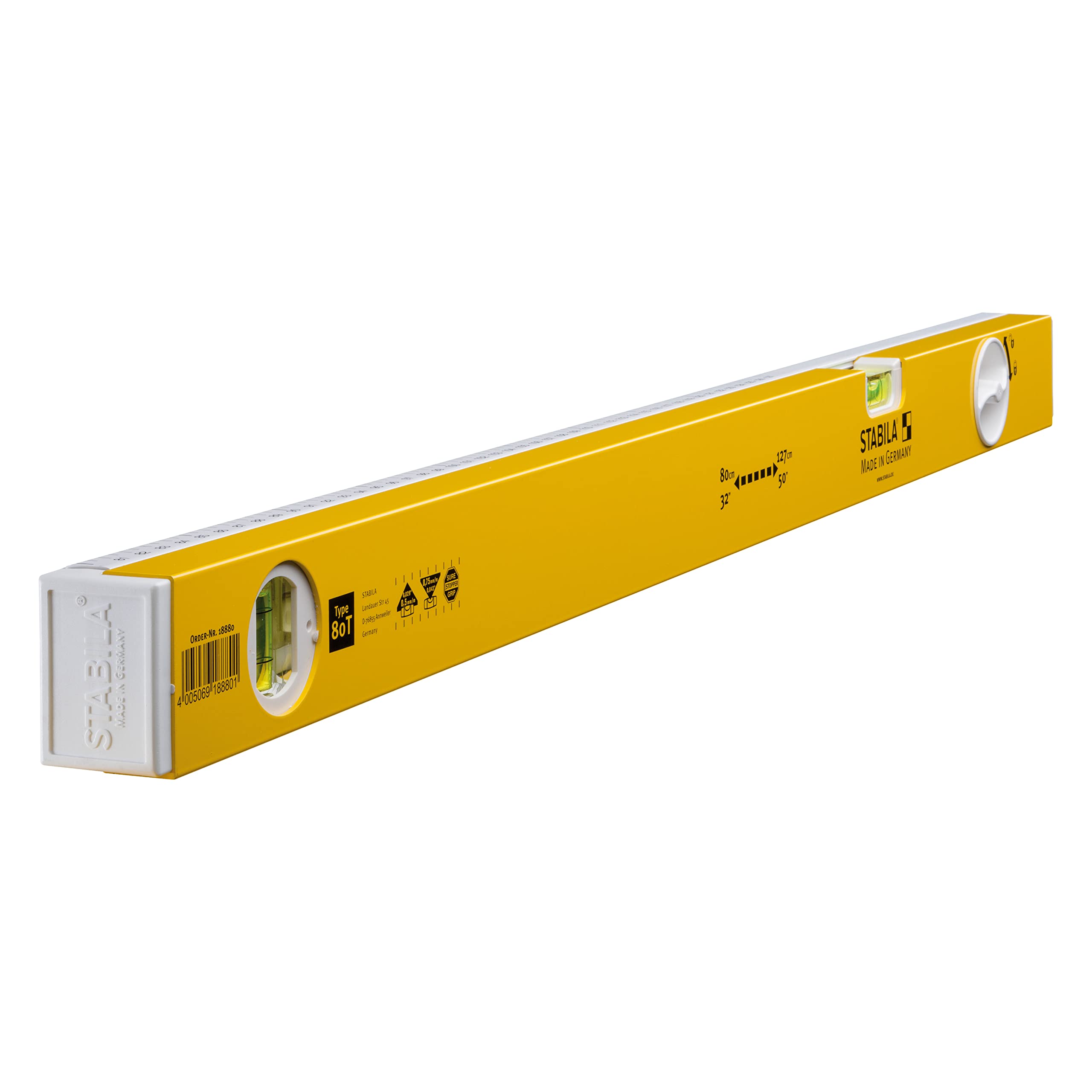 Stabila Telescopic Spirit Level Type 80 T, 80-127 cm, Aluminium Profile with Telescopic System, 1 Horizontal Level, 1 Vertical Level, Integrated Slip Stopper, Made in Germany, Yellow