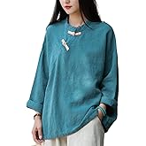 LZJN Women's Linen Shirts Artsy Retro Chinese Style Frog Button Tops Blouse Long Sleeve Tops