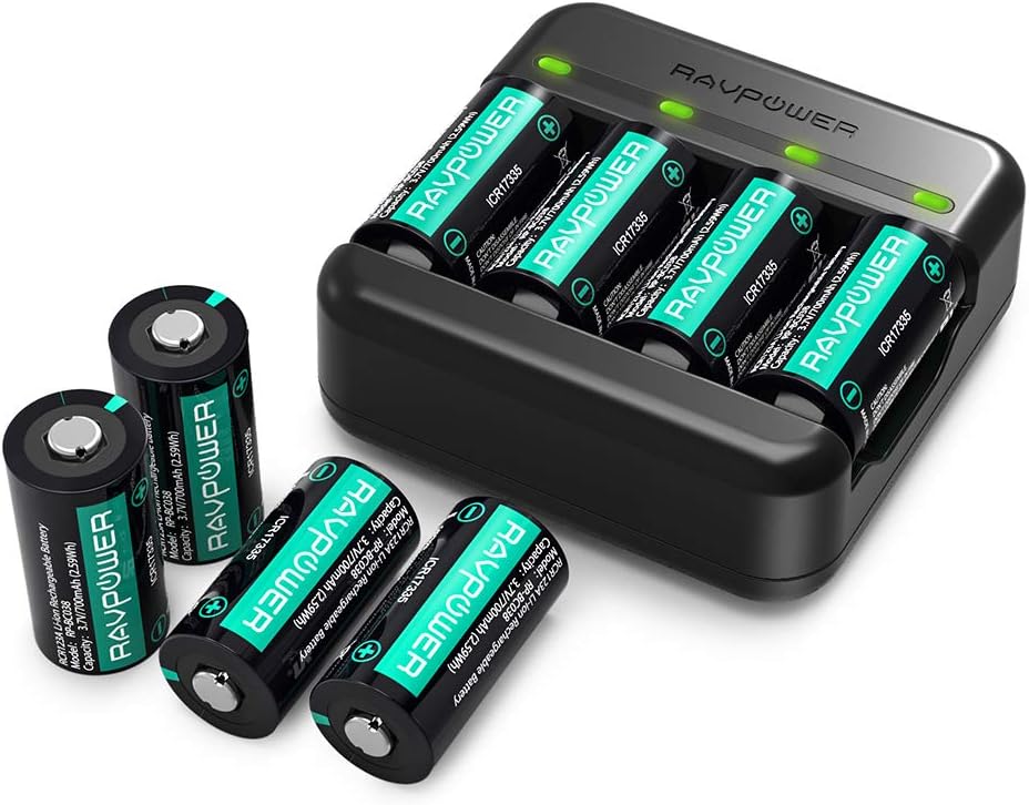 RAVPower Rechargeable CR123A Charger Lithium Batteries Set 3.7V 700mAh for Arlo Pro 2 Wireless Cameras VMC3030 VMK3200 VMS3330 3430 3530 Flashlight Polaroid Microphone and More