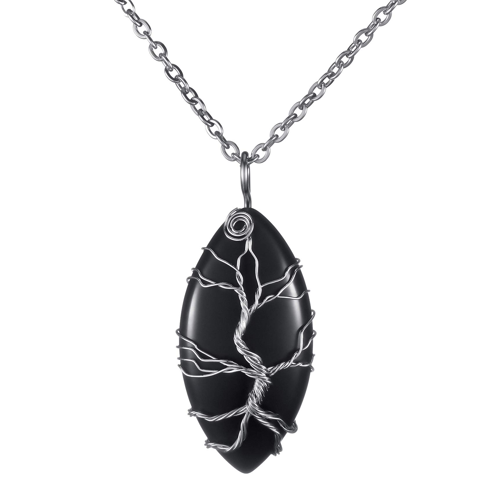 Thajaling Black Obsidian Pendant Vintage Reiki Healing Crystal Pendant Necklace Silver Tree of Life Wire Wrapped Gemstone Chakra Necklace