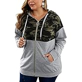 YOXUA Women's Plus Size Casual Hoodies Sweatshirt,Long Sleeve Camouflage Patchwork Full Zipper Drawstring Top with Pocket