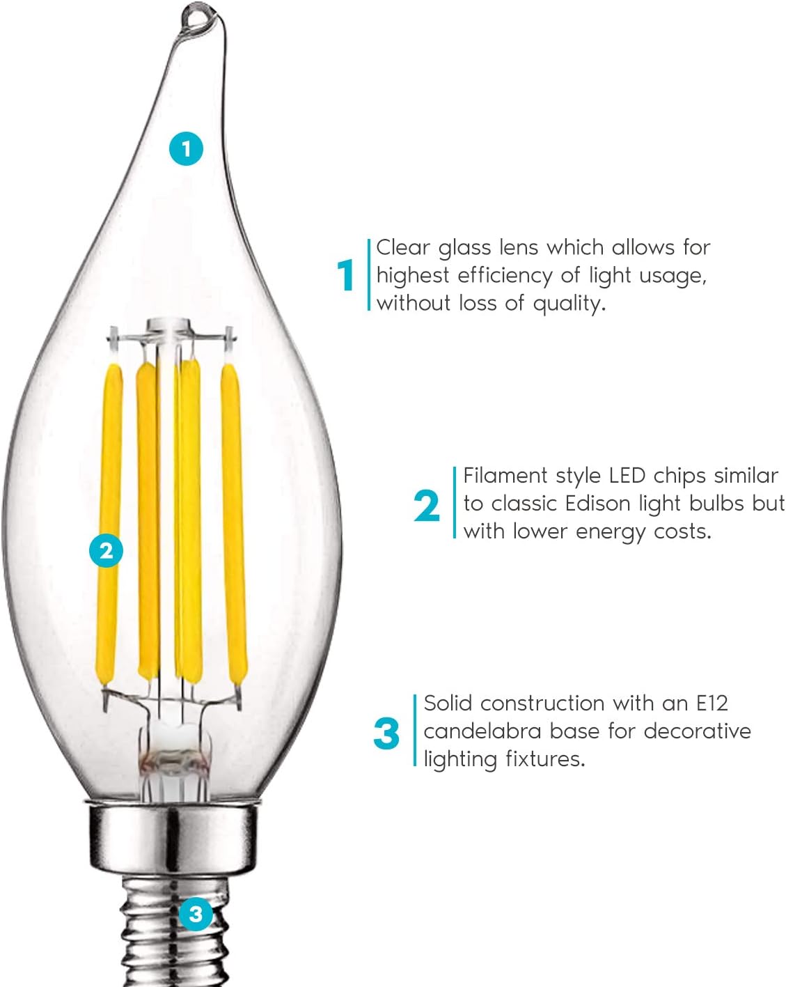 Luxrite Vintage Candelabra LED Bulb 60W Equivalent, 550 Lumens, 3000K Soft White, LED Chandelier Light Bulbs 5W, Dimmable, Flame Tip Clear Glass, Filament LED Candle Bulbs, E12 Base (12 Pack) - - 