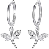 Dainty Dangle Hoop Earring for Women - Small Huggie Hoop Earrings Sets with Butterfly, Bee, Key Charm in 925 Sterling Silver or 18K Gold Plated