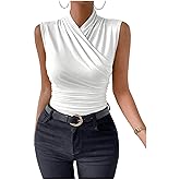 SweatyRocks Women's Ruched Wrap Mock Neck Tank Tops Casual Sleeveless Solid Slim Fit Tank Top