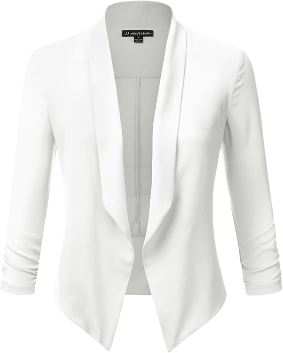 JJ Perfection Women's Texture Woven Chiffon Ruched Sleeve OpenFront Blazer OFFWHITE
