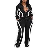 Angsuttc Track Suits for Women Set Striped 2 Piece Outfits Long Sleeve Zip Up Jacket Wide Leg Pant Sets Streetwear