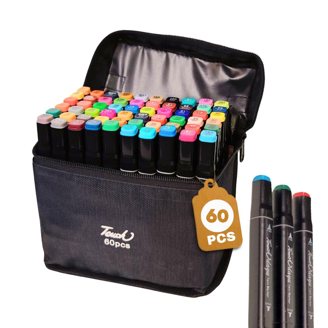 Crosspack Colouring Pens: 60 Dual Tip Alcohol Markers - Marker Set for Adults, Marker Pens Set for Artists - Double Tip Art Marker for Drawing, Sketching, Anime and Mange - Includes Carrying Case