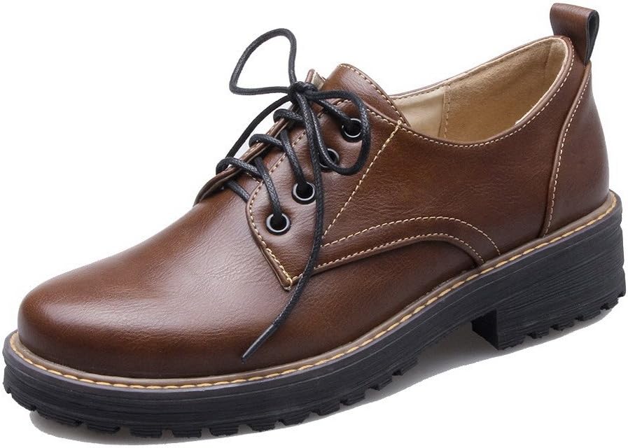 AalarDom Women's Low-Heels PU Solid Lace-Up Round-Toe Court Shoes