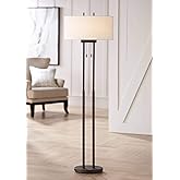 Franklin Iron Works Roscoe Modern Standing Floor Lamp 62" Tall Oil Rubbed Bronze Brown Twin Poles White Fabric Hardback Oval 