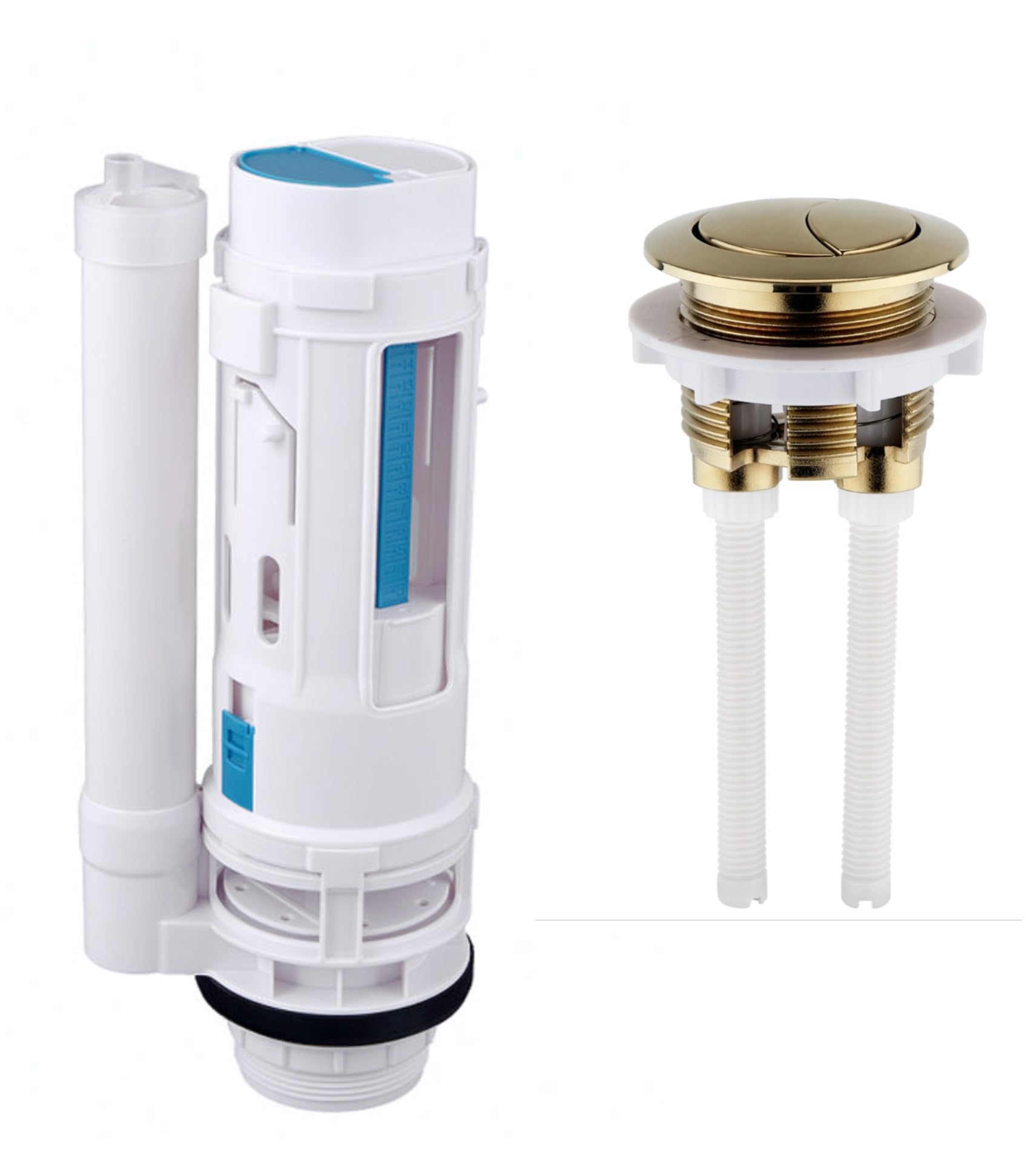 Housler ® Push Button and Adjustable Dual Flush, with 2 inch Cistern Outlet. Brushed Brass Button