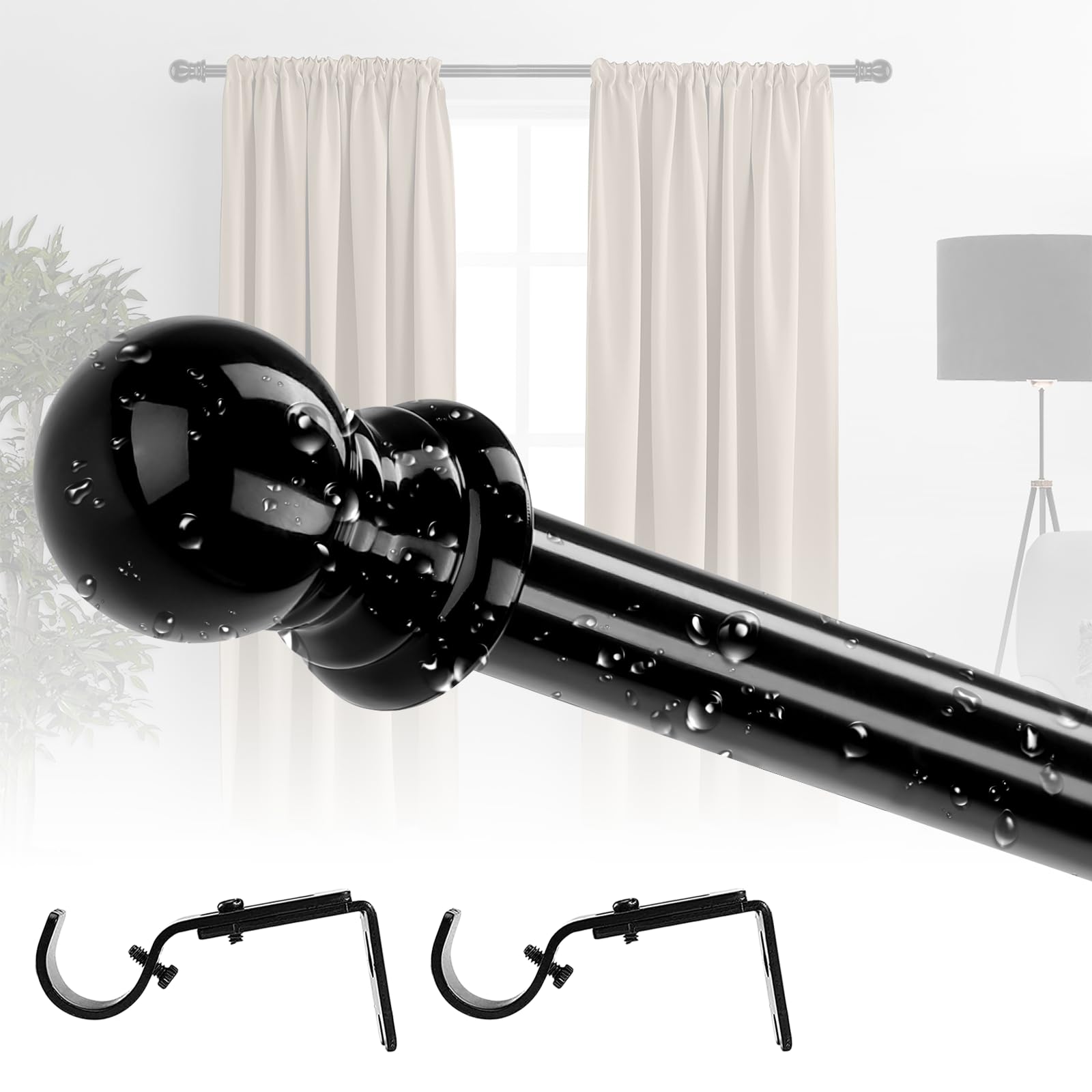 Black Curtain Poles with Round Finials, Single Curtain Rod for Window 76 to 221 cm, Adjustable Curtain Poles with Brackets Fittings Set for Living Room & Door