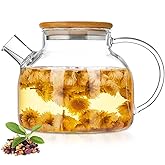 JOUALY Glass Teapot 34oz/1000ml, Stovetop & Microwave Safe Borosilicate Tea Pot,Clear Teapot with Strainer, Glass Tea Kettle with Wooden Lid for Loose Leaf、Fruit Tea and Fragrant Tea