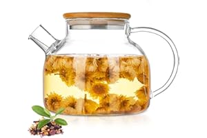 Glass Teapot, Stovetop & Microwave Safe Glass Borosilicate Teapot, Glass kettle with Strainer, Glass Tea Pot with Wooden Lid,