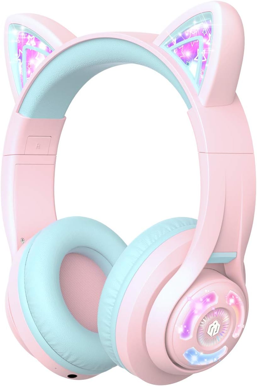 iClever Kids Bluetooth Headphones, BTH13 Cat Ear LED Light Up Kids Headphones Wireless, 50H Playtime