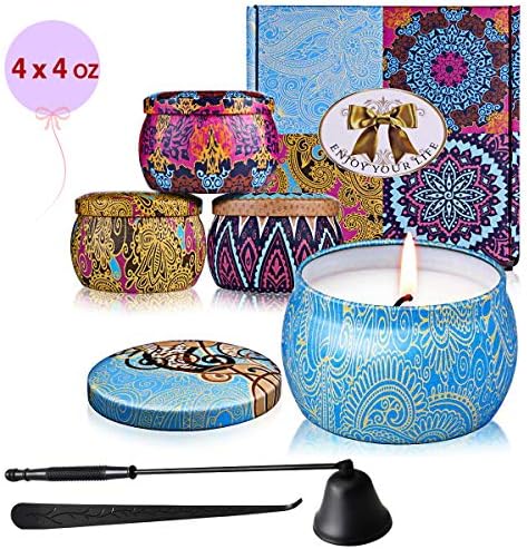 Scented Candles Gifts Set 4 Pack Travel Tins Indoor Candles Eco-Friendly Smokeless Natural Soy Wax Aromatherapy Candles 4 Flavors Perfect for Birthday Mother's Valentine's Day Anniversary Bath Yoga