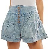 Women's Summer Denim Shorts Button Up Pleated Jean Shorts Casual High Waisted Wide Leg Denim Skort with Pockets