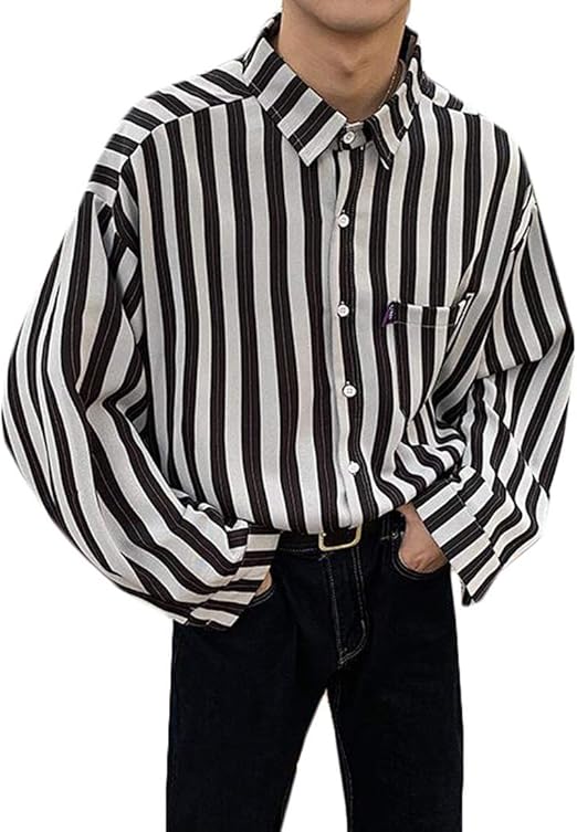 Amazon Bscoolメンズ 長袖シャツ ゆったり ストライプシャツ 折り襟 カジュアルシャツ 春 秋 トップス アウター 韓国ファッション シャツ 通販