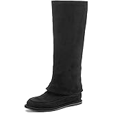 CouieCuies Black Knee High Boots for Women Suede Tall Boot Fold Over Dress Shoes Flats Moccasin Below the Knee Comfortable Long Shark Boot Size 8