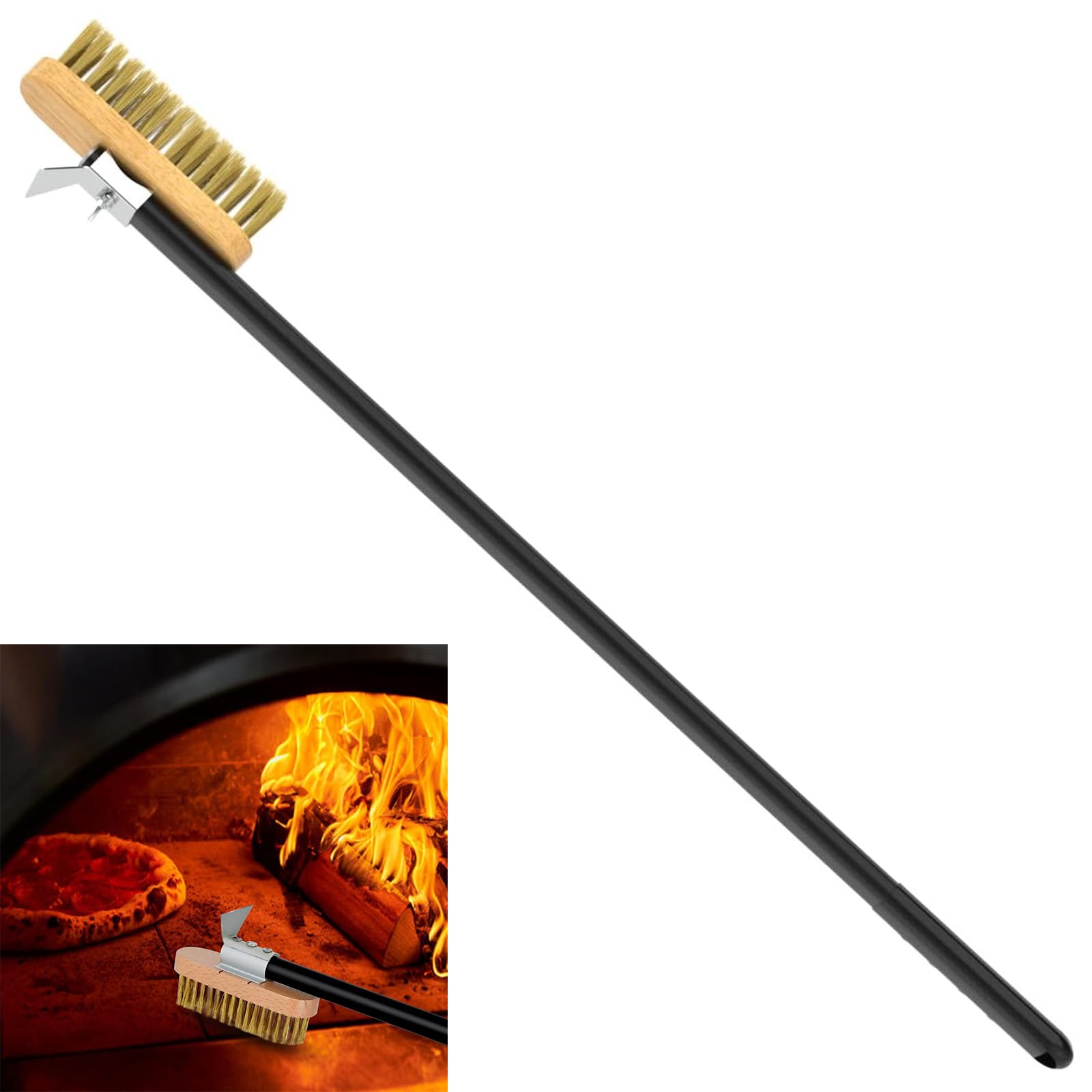 Pizza Oven Brush, 130 cm Pizza Oven Brush with Steel Scraper, Removable Aluminium Handle, Pizza Oven Scraper with Brass Brush, for Oven Cleaning