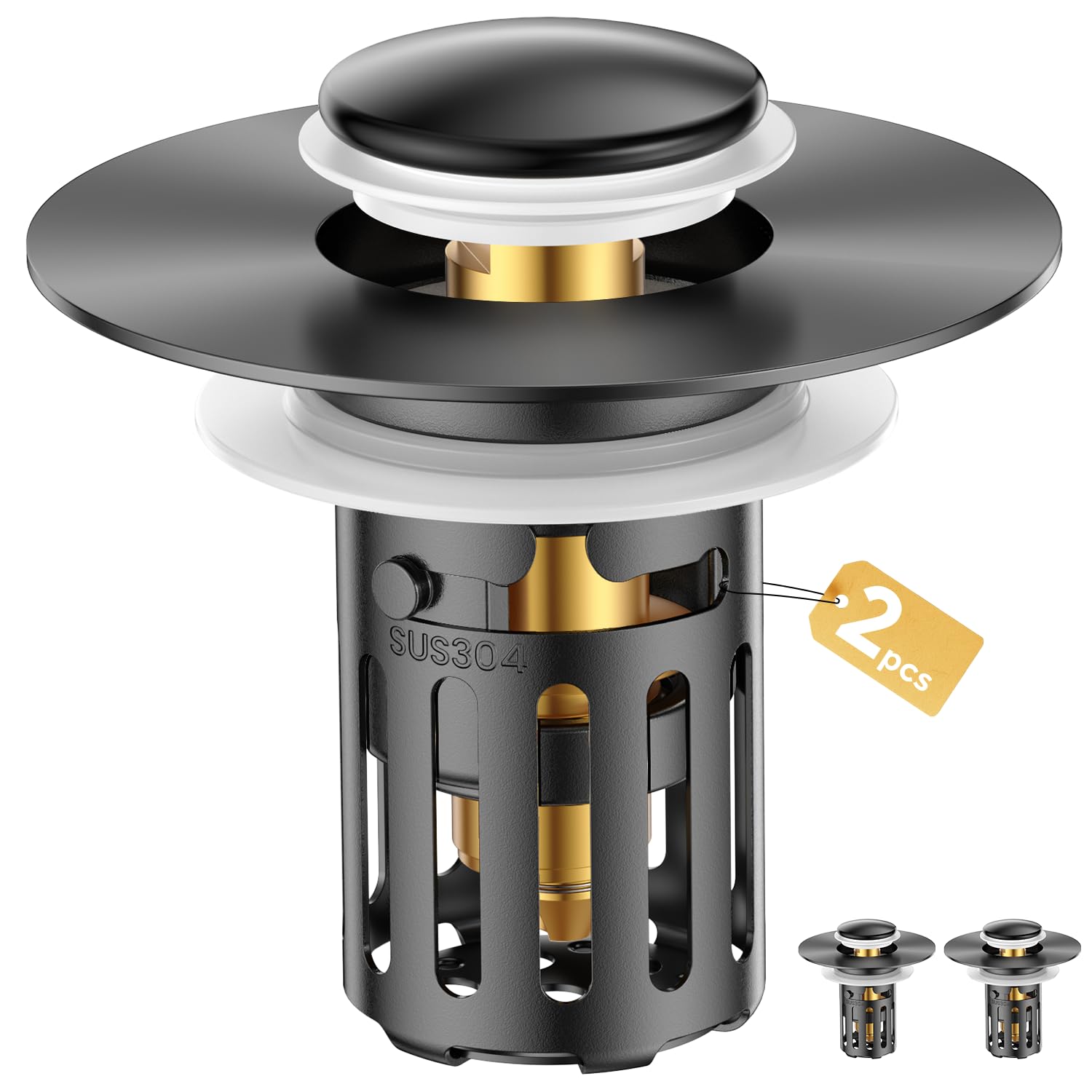 Photo 1 of (2 Pc) Bathroom Sink Stopper-All Metal Sink Stopper-Universal Fit 99% Bathroom Stopper with Removable Stainless Steel Hair Catcher- Basin (1.1'' to 2.36'' inch) - Black