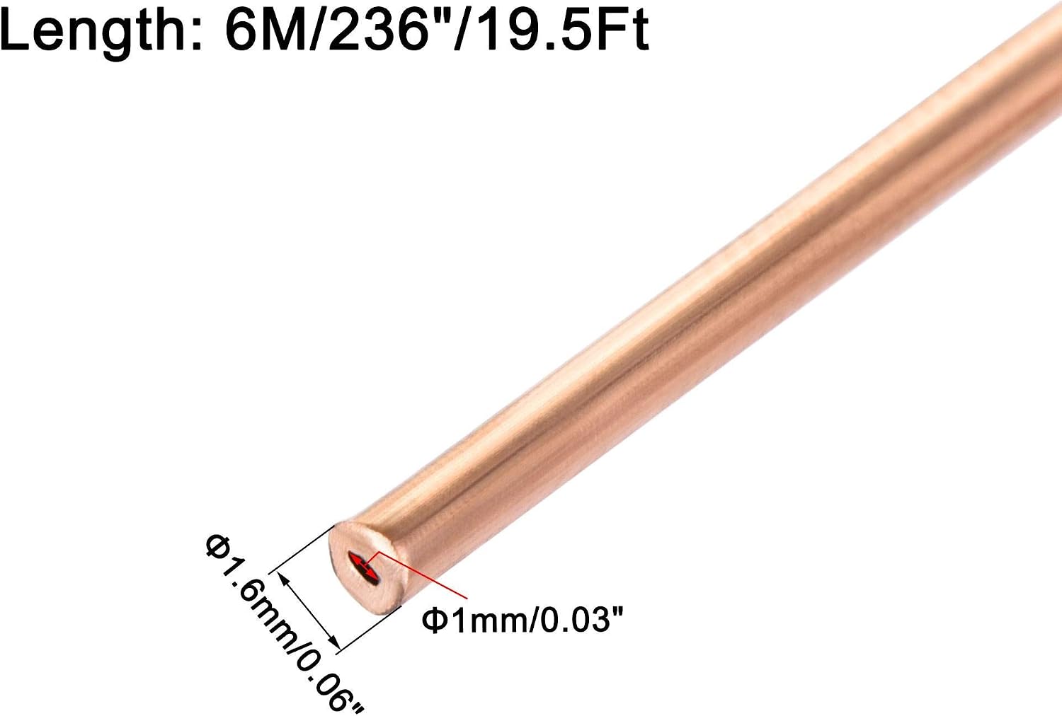 sourcing map Refrigeration Tubing 1.6mm OD x 0.6mm ID x 19.5Ft Length Copper Tubing Coil - Image 3