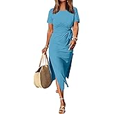ANRABESS Women's 2026 Summer Maxi Tshirt Dress Short Sleeve Crewneck Tie Waist Casual Slim Fit Slit Spring Long Beach Dresses