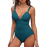 ZAFUL Womens Sexy V Neck One Piece Swimsuit Ruched Tummy Control Bathing Suit Backless Slimming Monokini