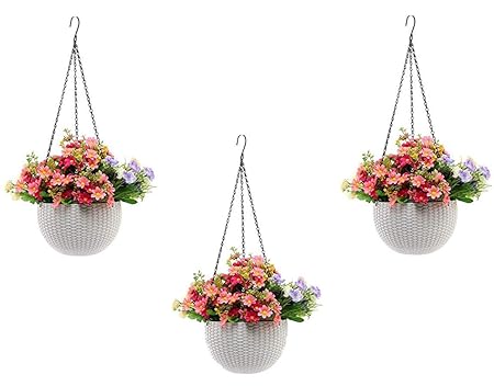 Tex Homz Hanging Baskets Rattan Waven Flower Pot Plant Pot with Hanging Chain for Houseplants Garden Balcony Decoration 7.1 inch - 3 Pcs White Color