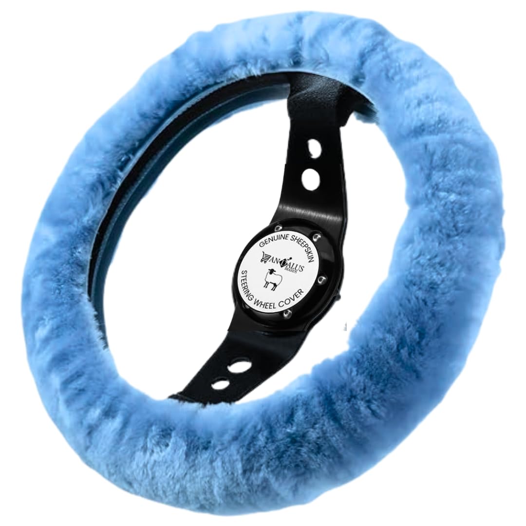 Photo 1 of Andalus Brands Fluffy Wool Sheepskin Steering Wheel Cover, Soft & Fuzzy Plush, Universal Fit 14 1/2-15 1/2 Inch, Anti-Slip, Comfortable & Luxurious (Sky Blue)