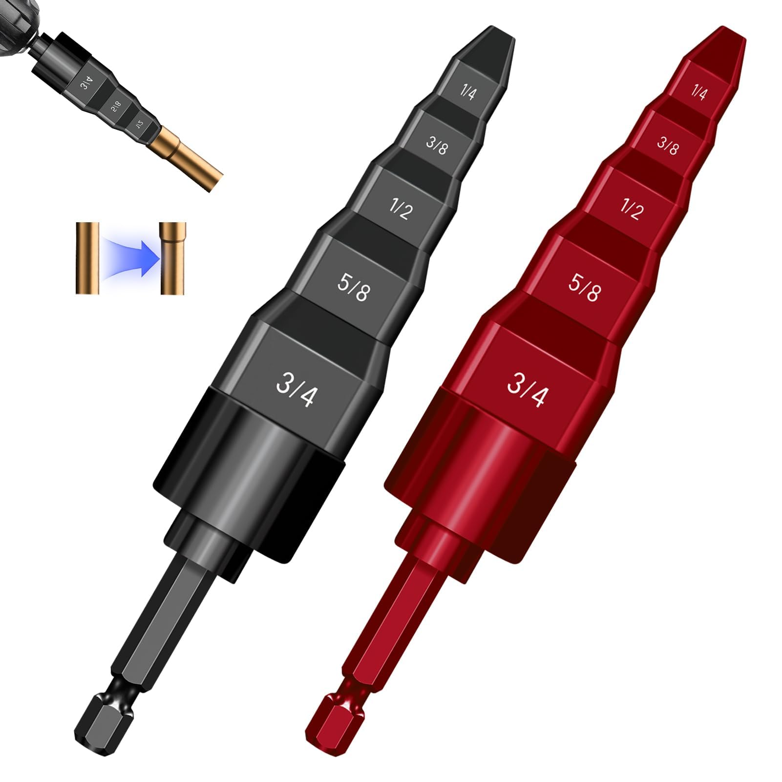 Photo 1 of 2 Sets HVAC Flaring Tools, Swaging Tube Repair 5 in 1 Air Conditioner Copper Pipe Expander Flaring Swaging Drill Set Copper Tubing Tool with 1/4", 3/8", 1/2", 5/8", 3/4" Bits, Black and Red