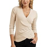 Women’s Long Sleeve Wrap Top, Seep V Neck Ribbed Knit Slim Fitted Cross Wrap Asymmetrical Fall Dressy Blouse