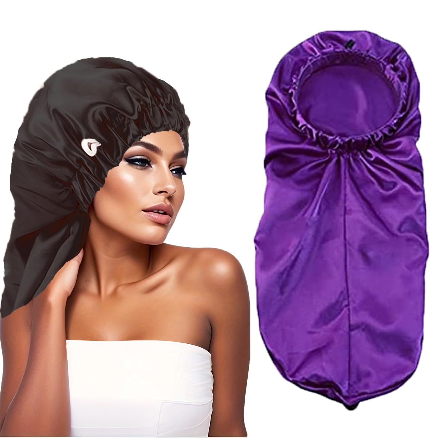 LadayPoa Women 2 Pack Long Satin Hair Bonnet Girls Silky Cap for Sleeping Large Satin Sleep Cap for Long Curly Hair Protection — image 1