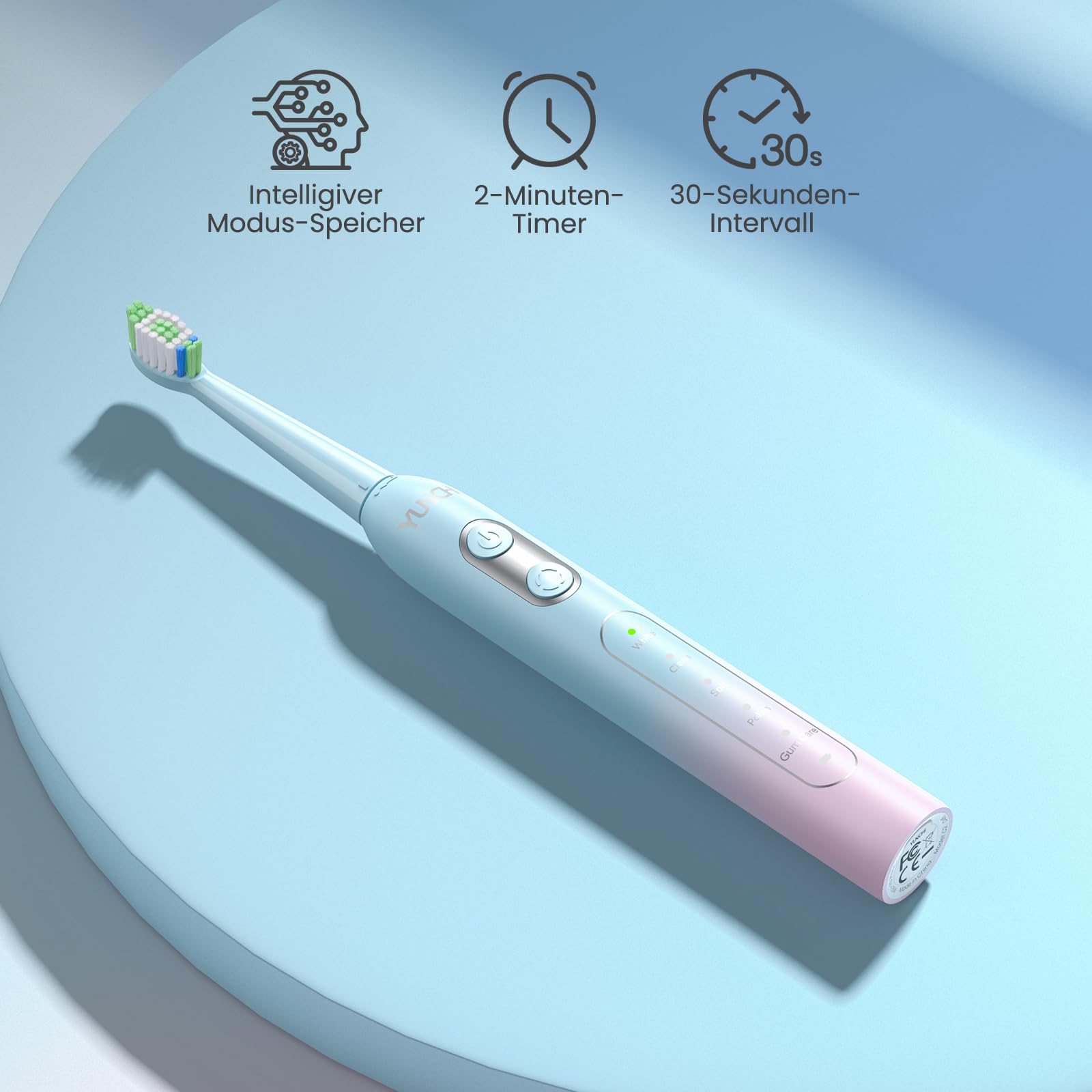 YUNCHI C2 Elektrische Zahnbürste mit 40000 VPM, Schallzahnbürste für Erwachsene, USB-C Ladung, 55 Tage Akkulaufzeit, 5 Putzmodi, 2-Min-Timer, 8 Bürstenköpfen, Reiseetui, Rosa und Hellblau Verlauf 9