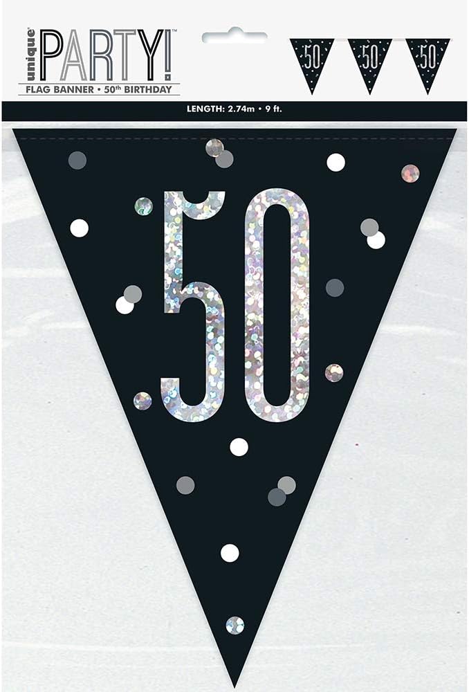 Stunning 50th Celebration Glitz Black & Silver Prismatic Flag Banner (274cm) - Perfect for Party Decor Birthday & More - 1 Pc