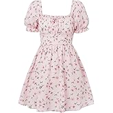 SHENHE Girl's Floral Puff Sleeve Ruched Frill Trim Shirred A Line Boho Flared Dress