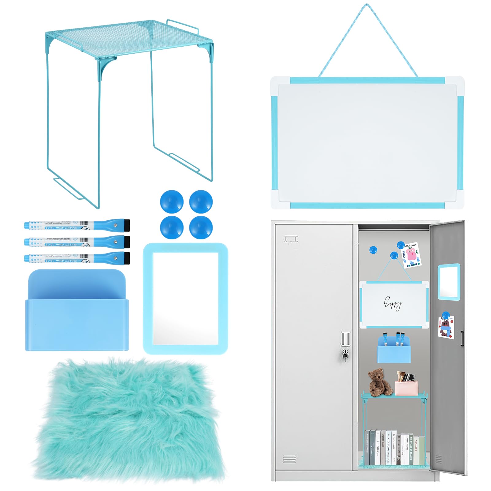 Photo 1 of 12 Pcs Locker Organizer and Decorating Kit, First Day of School Essentials for Girl Marble Print Whiteboard with Markers Locker Shelf Plush Area Rug String Light Mirror Magnetic Cup and Magnet (Blue)
