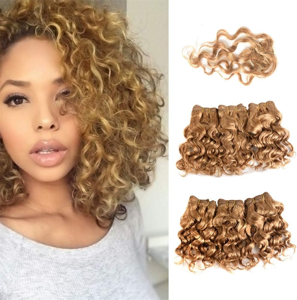 FAI Brazilian Blonde Hair Weft Weave Bundles 6Pcs 8" Virgin Hair Curly Wave Human Hair Extensions with Lace Closure 220g