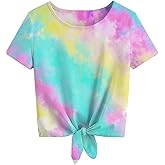 Girls Tie Dye Shirts Short Sleeve T-Shirt Casual Tie Hem Tee Tops Size 5-12 Years