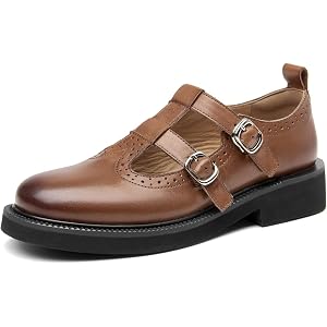 BEAU TODAY Women's Leather Double Buckle Mary Jane Oxford Platform Shoes | Double buckle T-strap with brogue details, leather