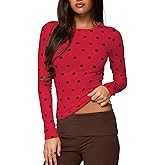 UAURORAO Women Polka Dot Top Long Sleeve Crewneck Y2K Crop Tops Dots Print Stretch Slim Fit T Shirts