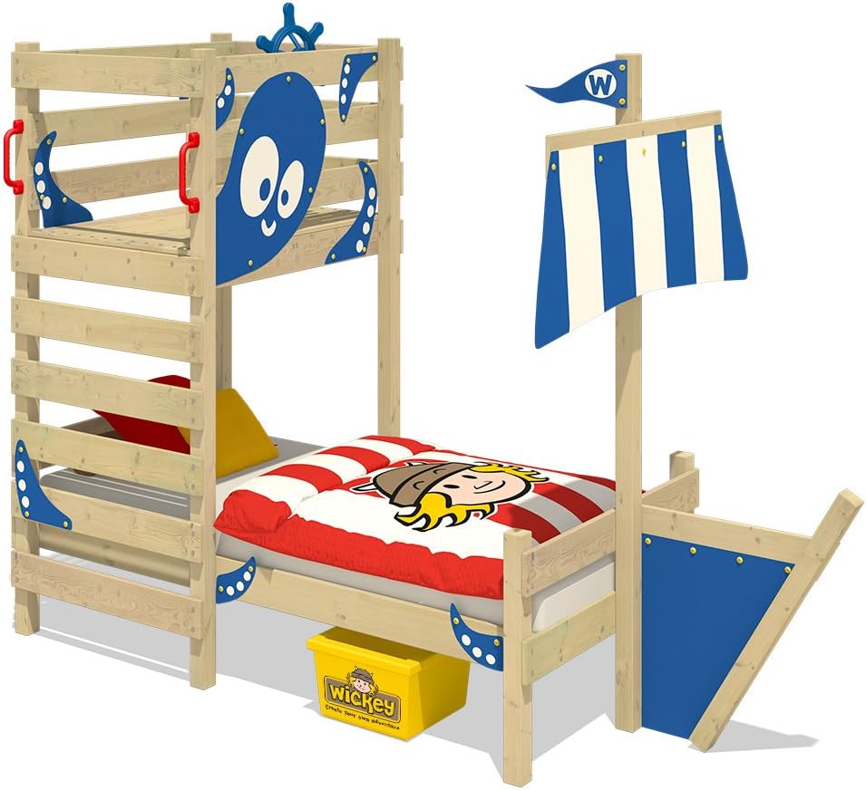 WICKEY Toddler Bed Crazy Bounty Children`s Bed Play Bed for Kids with slatted Bed Base, Play Platform and Ship Attachment, Blue