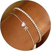 ABDOT Gold Bracelets for Women Trendy Dainty 14K Gold Plated Layered Initial Tennis Bracelets for Women Non Tarnish A-Z Heart Letter Charm Gifts for Mom Best Friend
