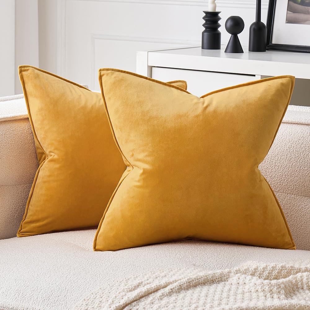 MIULEE Yellow Velvet Throw Pillow Covers 18x18 Soft Decorative Solid Square Cushion Cases Pack of 2 Modern Luxury Home Decor for Couch, Sofa, Bedroom