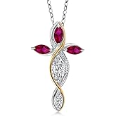 Cross Necklace For Women In 925 Silver and 10K Yellow Gold with Lab Grown Diamond and Red Created Ruby | 1.46 Cttw | Jesus Christian Religious Crucifix | Marquise Cut 8X4MM | With 18 Inch Chain