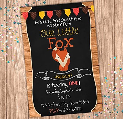 Chalkboard Style Fall Fox Custom Birthday Invitation - Little Fox Themed Party Invite - Baby Woodland Creature - Personalized - Rustic - Wood - Orange Yellow Brown Red
