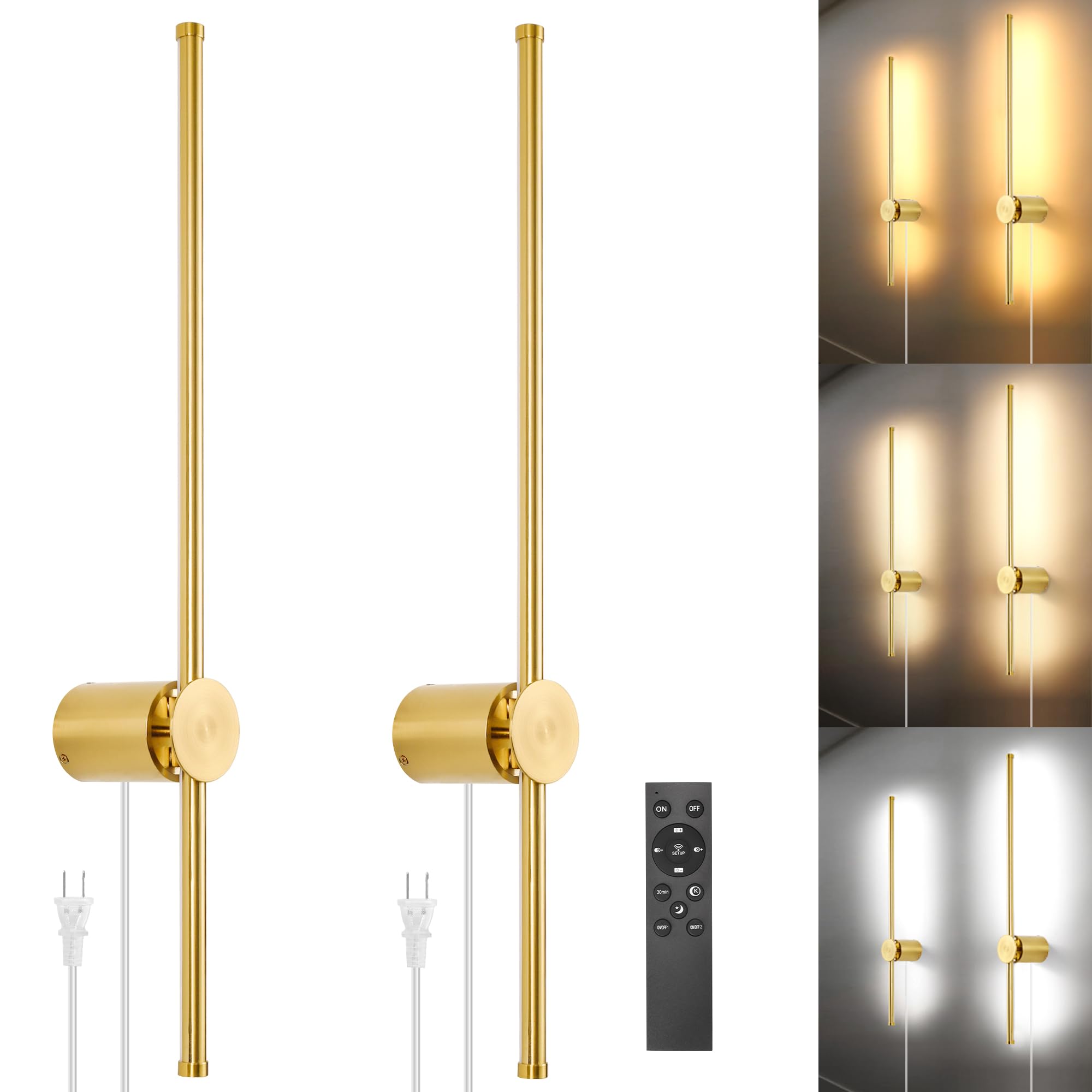Photo 1 of GOODATE Wall Sconces Set of Two with Remote, Stepless Colors 3000K-6500K & Stepless Dimming, Hardwire or Plug-in, 180° Rotate, LED Gold Plug in Wall Sconces with Timer & Night Light, 23.6 Inches