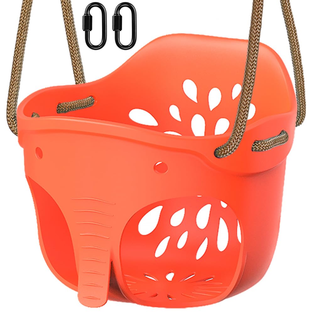 SELEWARE Cute High Back Full Bucket Toddler Swing Seat with Adjustable Rope, Heavy Duty Playground Swing Set with 2 Carabiners, Elephant Design, 600LB Weight Limit, Red