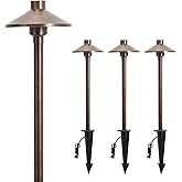 Gardencoin Solid Brass Low Voltage Pathway Lights (6.7'' Shade, 21.9'' Tall), 12V AC/DC Heavy Duty LED Landscape Path Lights Outdoor Wired, Antique Bronze Walkway Lights with Larger Stake, 4-Pack